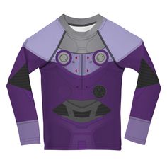 Protect the little ones from the elements with this colorful kids rash guard. Its sun-protective fabric and long body and sleeves make it perfect for running around on the beach, or just being active indoors. * 82% polyester, 18% spandex * Fabric weight: 6.78 oz/yd² (230 g/m weight may vary by 5% * UPF 50+ * Fitted design * Four-way stretch fabric that stretches and recovers on the cross and lengthwise grains * Comfortable longer body and sleeves * Flat seam and coverstitch This product is made Long Sleeve Tops With Character Print For Cosplay, Superhero Long Sleeve Tops With Character Print, Purple Long Sleeve Top With Character Print, Evil Emperor, Flat Seam, Rash Guard, Kids Tops, Spandex Fabric, Upf 50