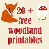 the words 20 + free woodland printables are in front of an image of a fox