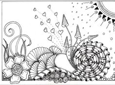 a coloring page with flowers and hearts