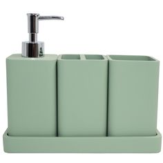 a green soap dispenser with three compartments