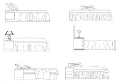 four different types of beds with sheets and lamps on each one side, all in black and white