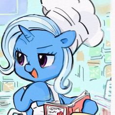 a blue cartoon character holding a box of donuts in front of a kitchen wall