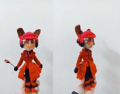 two pictures of a hand holding a knitted doll in red and orange clothes with an umbrella