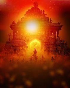 an image of the sun setting over a temple