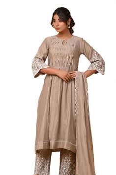 Beige pintuck pleated yoke kurta with floral embroidered sleeve. Paired with coordinating pant, inner lining and embroidered dupatta. - Aza Fashions Embroidered Dupatta, Embroidery Floral, Pants Pattern, Pant Set, Pin Tucks, Set For Women, Aza Fashion, Jaipur, Floral Embroidery