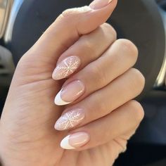 Short Almond Nails Snowflake, Short Nails With Snowflakes, Small Snowflake Nails, Minimalist Snowflake Nails, Snowflake French Manicure, French Manicure Snowflake Nails, Winter Nails Natural Nail, French Manicure With Snowflake, Pink Nails With Snowflakes