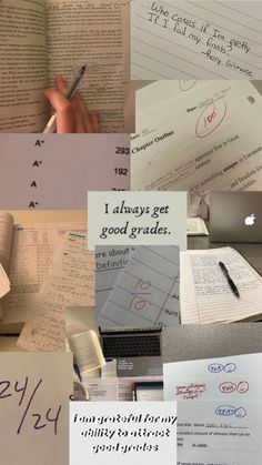 a collage of photos with writing on paper and papers in the middle one has a handwritten note that says i always get good grads