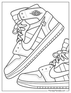 a pair of sneakers coloring page with the shoe in black and white, on top of each