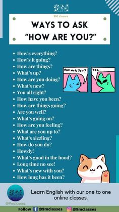 a poster with the words how are you? and an image of a cat looking at another