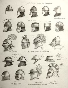 a drawing of many different types of helmets