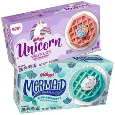 a box of unicorn waffles with blue raspberry on top and white frosting