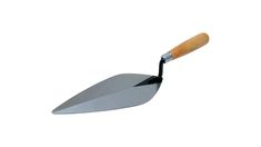 a metal shovel with a wooden handle on a white background