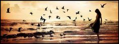 a woman standing on the beach surrounded by birds