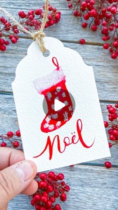 a hand holding a christmas ornament with the word noel on it and red berries