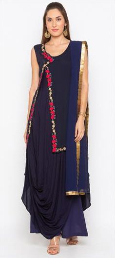 Blue color Salwar Kameez in Cotton fabric with Embroidered, Thread work Palazzo Kurta, Blue Dupatta, Kameez Designs, Zari Embroidery, Palazzo Suit, Cape Style, Chiffon Fashion, Navy Blue Fabric, Organza Saree