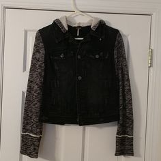 This Item Has Never Been Worn. The Jean Jacket Has A Distressed Look With Sweater Like Sleeves With A Detachable Hood. *Will Accept Counter Offers* Free People Jean Jacket, Denim Parka, Sweatshirt Jean Jacket, Fitted Denim Jacket, Knit Jeans, Hooded Denim Jacket, Distressed Jean Jacket, Khaki Jacket, Jersey Jacket