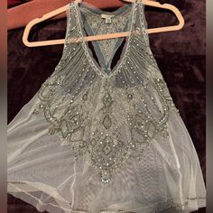 Bought At Urban Outfitters For $90 And Never Worn Bc I Don’t Know How To Style It. Completely Sheer With Beautiful Stone & Beaded Embellishments Glamorous Beaded Tops For Spring, Chic Embellished Tops For Festivals, Embellished Summer Tops For Festive Occasions, Embellished Tops For Summer Festivals, Summer Festive Embellished Tops, Embellished Tops For Summer Festivities, Elegant Spring Tops With Beaded Straps, Elegant Tops With Beaded Straps For Spring, Spring Festival Embellished Tops