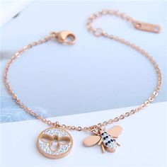 Honey Charm: Rose Gold Bee Pendant Bracelet-Fashion Bracelets & Bangles-StylinArts High Fashion Women, Bee Pendant, Gold Bee, Women Bracelet, Rhinestone Bracelet, Pendant Bracelet, Delicate Bracelet, Charm Jewelry, Fashion Bracelets