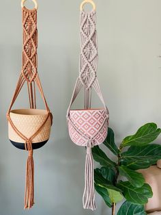 macrame hanging baskets in various colors and patterns