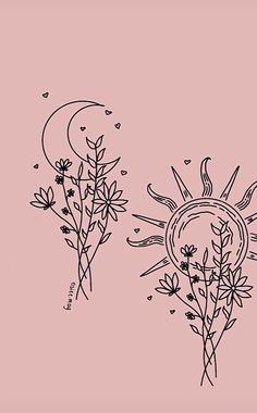 the sun and flowers are drawn in black ink on a pink background with small hearts