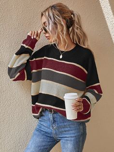 Multicolor Casual  Long Sleeve Acrylic Striped Pullovers Embellished Slight Stretch Spring/Fall Women Knitwear Striped Oversized Sweater, Surfergirl Style, Oversized Striped Sweater, Pull Oversize, Women Sweaters, Oversized Knitted Sweaters, Clothing Size Chart, Womens Clothing Sizes, Trendy Fashion Women