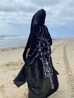 Celestial Spirit | Black Kimono | Her – glorka Hooded Kimono, Celestial Spirit, Holiday Cardigan, White Kimono, Happy To Meet You, Kimono Design, Black Kimono, Walk The Earth, Soul Sisters