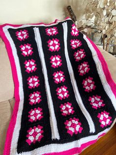 Vintage Crochet Fuschia Baby Blanket | NazimaKnits Blue And White Blanket, Flower Granny Squares, Vintage Baby Blanket, Crocheted Baby Blanket, Flower Granny Square, Black Blanket, White Blanket, Granny Squares, Nice Design