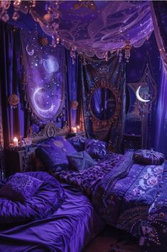 a bed with purple comforter and pillows in a room that is decorated with lights