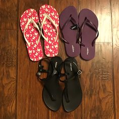 Old Navy Dark Purple Flip Flops New With Tags Size 9 And Black Old Navy Thong Style With Ankle Fasten Only Worn Once Size 9. Pink With White Butterflies Off Brand New With Tags Says 10 But More Like 9/9.5. All In Perfect Condition Except For The Black Pair Where My Cat Decided To Chew On Them (Last Picture) Barely Noticeable And Doesn’t Affect Wear. Purple Flip Flops, Old Navy Flip Flops, White Butterflies, Off Brand, Navy Shoes, White Butterfly, My Cat, Dark Purple, Flip Flop