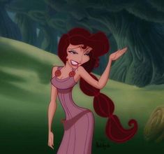 ariel from the little mermaid with long red hair and pink dress, standing in front of trees