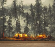 an oil painting of tents in the woods