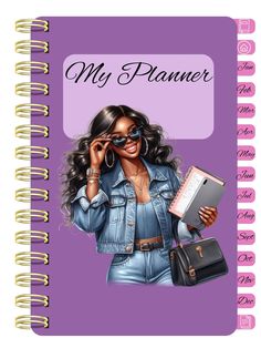 a spiral notebook with an image of a woman holding a book and carrying a purse