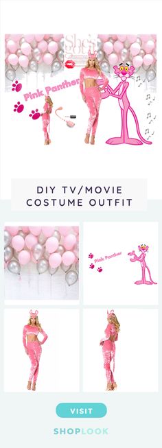 pink and white photo collage with text that reads diy movie costume cutift