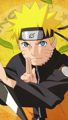 the character naruto is pointing his finger at something while wearing black and yellow