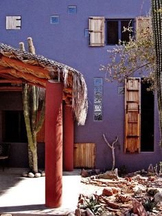 a purple building with wooden shutters next to a cactus tree and rocks in front of it