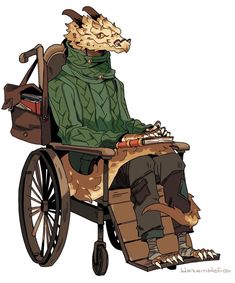 a person sitting in a wheel chair with an animal on it's head and legs