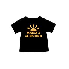 Mama's Sunshine Tee 100% Cotton Black T-shirt With Front Print For Summer, Black Tops With Front Print For Summer, Black Summer Top With Front Print, Cute Black T-shirt For Summer, Summer Basic Shirt With Graphic Print, Basic Black T-shirt For Summer, Summer Relaxed Fit Shirt With Logo Print, Summer Cotton Shirt With Logo Print, Basic Short Sleeve Tops With Letter Print