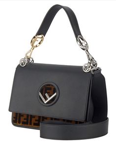 The FF logo is printed all over in velvet shades of black and brown on black calf leather.The handbag from Fendi features a foldover top with flip-lock closure, a top handle, a chain and leather strap, interior compartments divided by a partition and 2 tones hardware.The gusseted interior features a pocket and two compartments divided by a stiff partition. Can be worn cross-body or carried by hand thanks to the detachable shoulder strap with a mix of palladium-finish and gold-finish metalware Me Evening Bags With Logo Hardware In Calf Leather, Luxury Black Flap Bag With Logo Hardware, Luxury Bag With Logo Hardware And Flap, Luxury Bags With Logo Hardware And Flap, Luxury Black Calf Leather Flap Bag, Black Flap Bag With Logo Hardware For Everyday Use, Black Leather Flap Bag With Logo Hardware, Luxury Evening Flap Bag With Logo Hardware, Luxury Formal Flap Bag With Logo Hardware