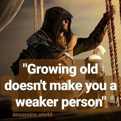 a man sitting on top of a boat next to a tall pole with a quote about growing old doesn't make you a weak person