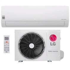 a white air conditioner sitting next to a remote control unit with the lg logo on it