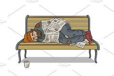 a man is sleeping on a bench with newspapers in his hands and a cup of coffee nearby