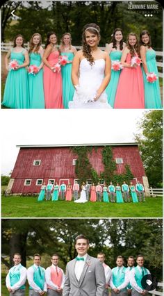 the bride and groom are posing for pictures in front of their wedding party at this barn