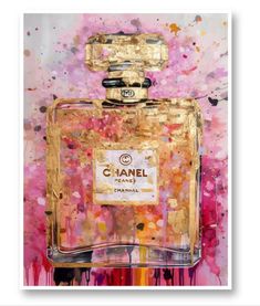 a painting of a chanel perfume bottle on a pink and yellow background with gold accents