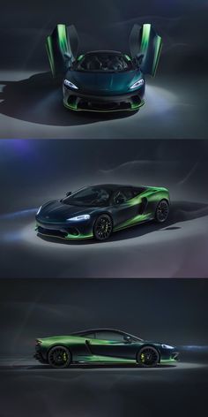 three different views of a green sports car in the middle and on the right side