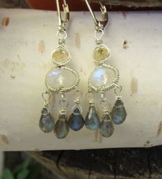 Faceted Rainbow Moonstone, Faceted Labradorite briolette, sterling silver leverback chandelier earrings Hand Forged Labradorite Dangle Earrings, Wire Chandelier Earrings, Wire Chandelier, Silk Necklace, Earring Ideas, Shell Pendant, Wire Earrings, Earrings Photo, Ear Wire