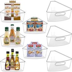 six clear plastic baskets with food items in them and one is holding condiments