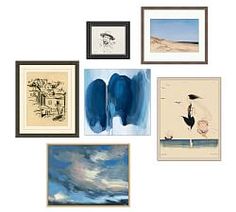 six framed art pieces on a white wall