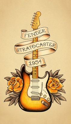 a drawing of an electric guitar with roses and ribbon around it's neck that says fender stratocaster, 1934