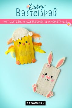 Zwei Kühlschrankmagnete: ein gelbes Küken und ein weißer Hase aus Holzstäbchen mit Glitzereffekten. Popsicle Art, Esl Teaching, Craft Projects For Kids, Easter Spring, Happy Easter, Easter Crafts, Art Classes, Diy For Kids, Pins