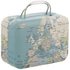 a blue suitcase with a map on the front and handle is sitting in front of a white background